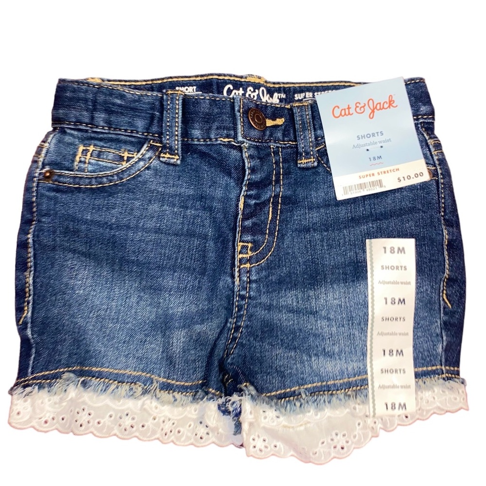 Toddler Girls' Lace Hem Jean Shorts Super Stretch - Cat & Jack™ Dark Wash 18M